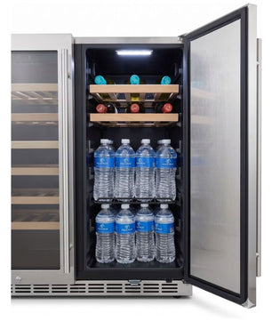 A stainless steel wine refrigerator with a glass door shown open, revealing shelves with water bottles and wine bottles inside, on a white background.