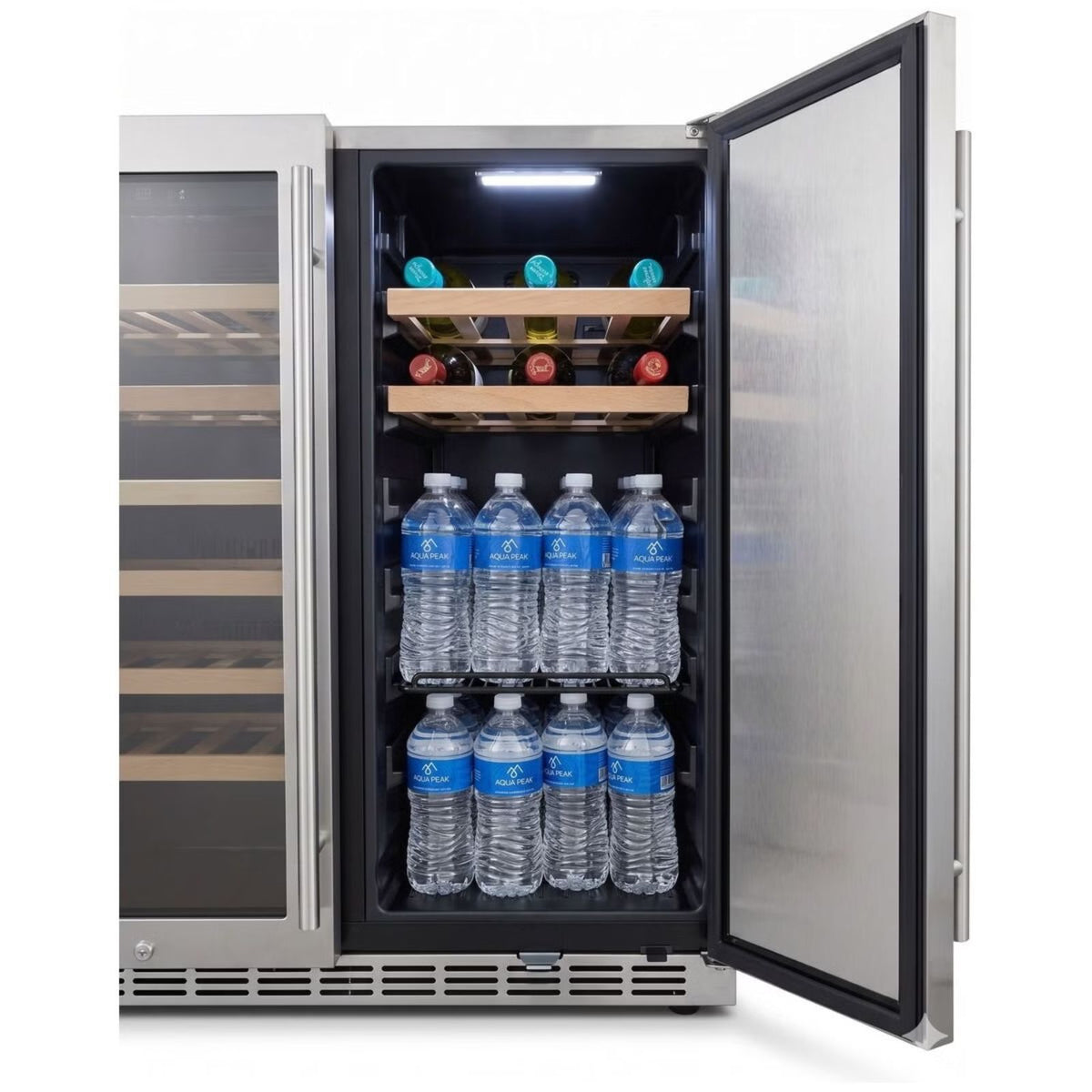 A stainless steel wine refrigerator with a glass door shown open, revealing shelves with water bottles and wine bottles inside, on a white background.