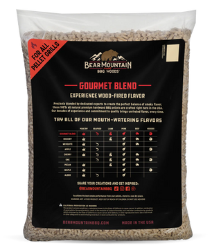 A bag of Bear Mountain BBQ Woods Gourmet Blend Pellet Grills, featuring a large black label with flavor guide charts and a red 'For All Pellet Grills' banner on a white background.