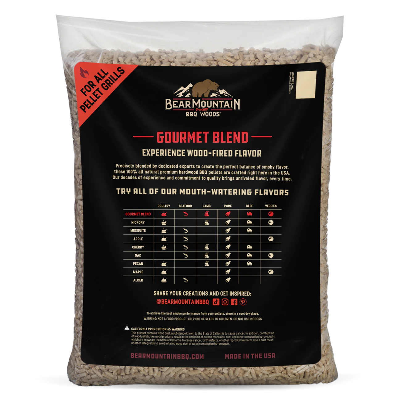 A bag of Bear Mountain BBQ Woods Gourmet Blend Pellet Grills, featuring a large black label with flavor guide charts and a red 'For All Pellet Grills' banner on a white background.