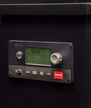 Control panel with digital display and buttons on a black background