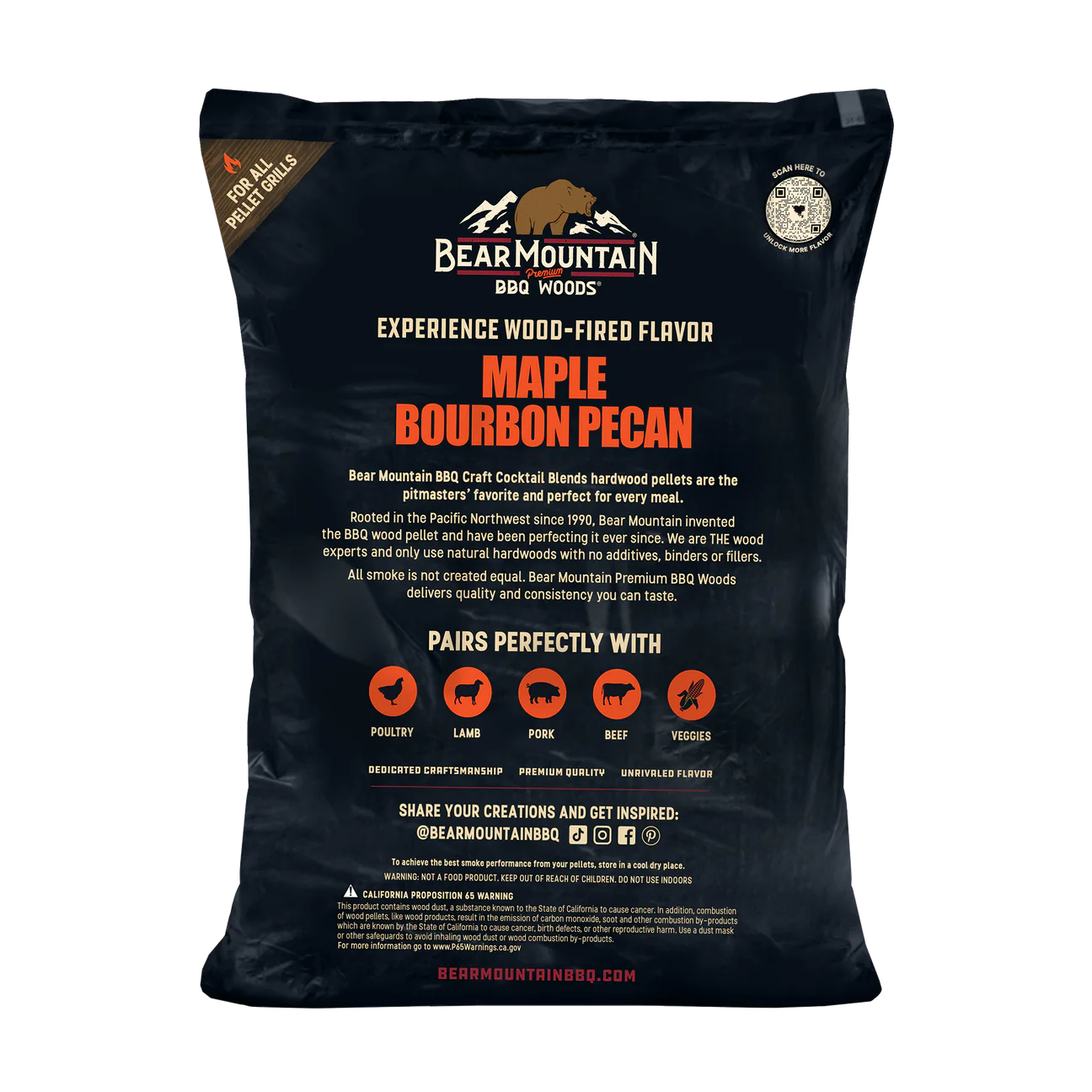 A large black bag of Bear Mountain BBQ Wood Co. Maple Bourbon Pecan hardwood pellets, showing the back of the packaging with product details, flavor text, pairing icons, and a circular seal.