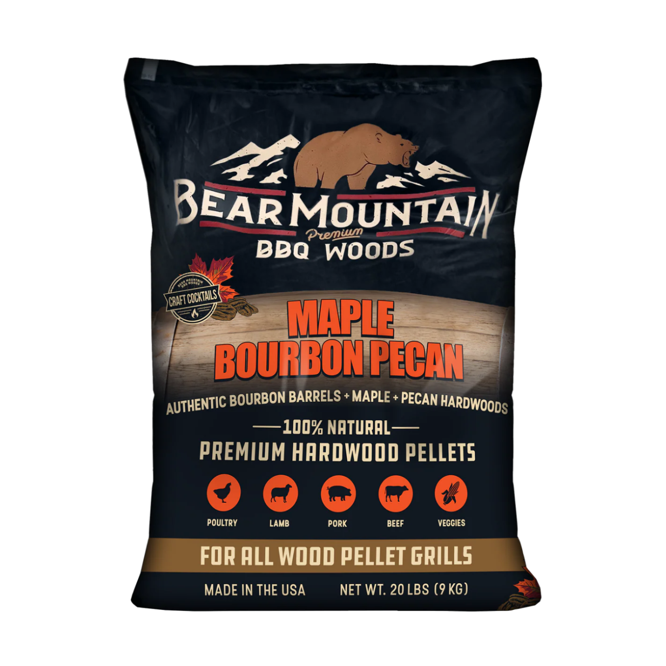 A 20 lb bag of Bear Mountain Premium BBQ Woods Maple Bourbon Pecan hardwood pellets, featuring a dark navy blue bag with a brown bear logo and product details.