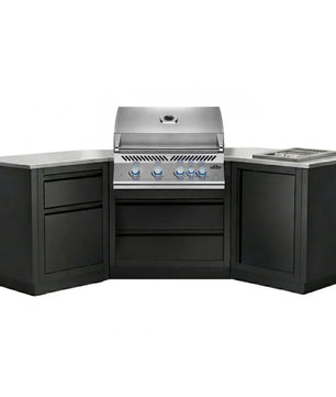 A modular outdoor kitchen island set featuring black cabinets, stainless steel countertops, a built-in gas grill, and a built-in cooktop, shown on a solid white background.