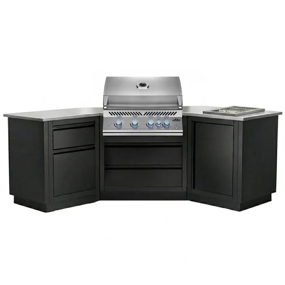 A modular outdoor kitchen island set featuring black cabinets, stainless steel countertops, a built-in gas grill, and a built-in cooktop, shown on a solid white background.