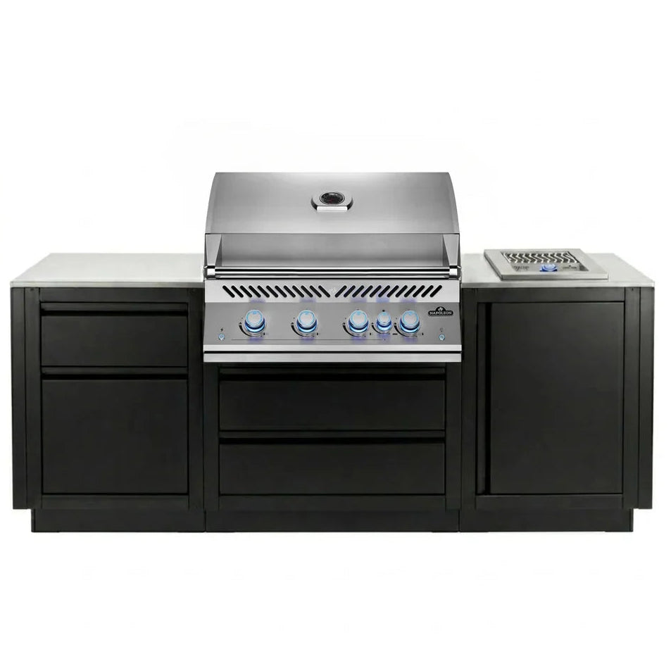 Stainless steel outdoor grill with black cabinets on a white background