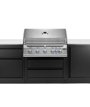 A professional outdoor kitchen island set featuring a stainless steel gas grill with six blue-tipped knobs, integrated into a black cabinet base with a white countertop, shown against a solid white background.