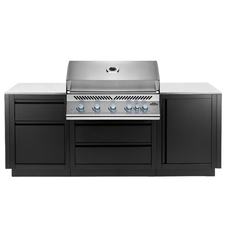 A professional outdoor kitchen island set featuring a stainless steel gas grill with six blue-tipped knobs, integrated into a black cabinet base with a white countertop, shown against a solid white background.