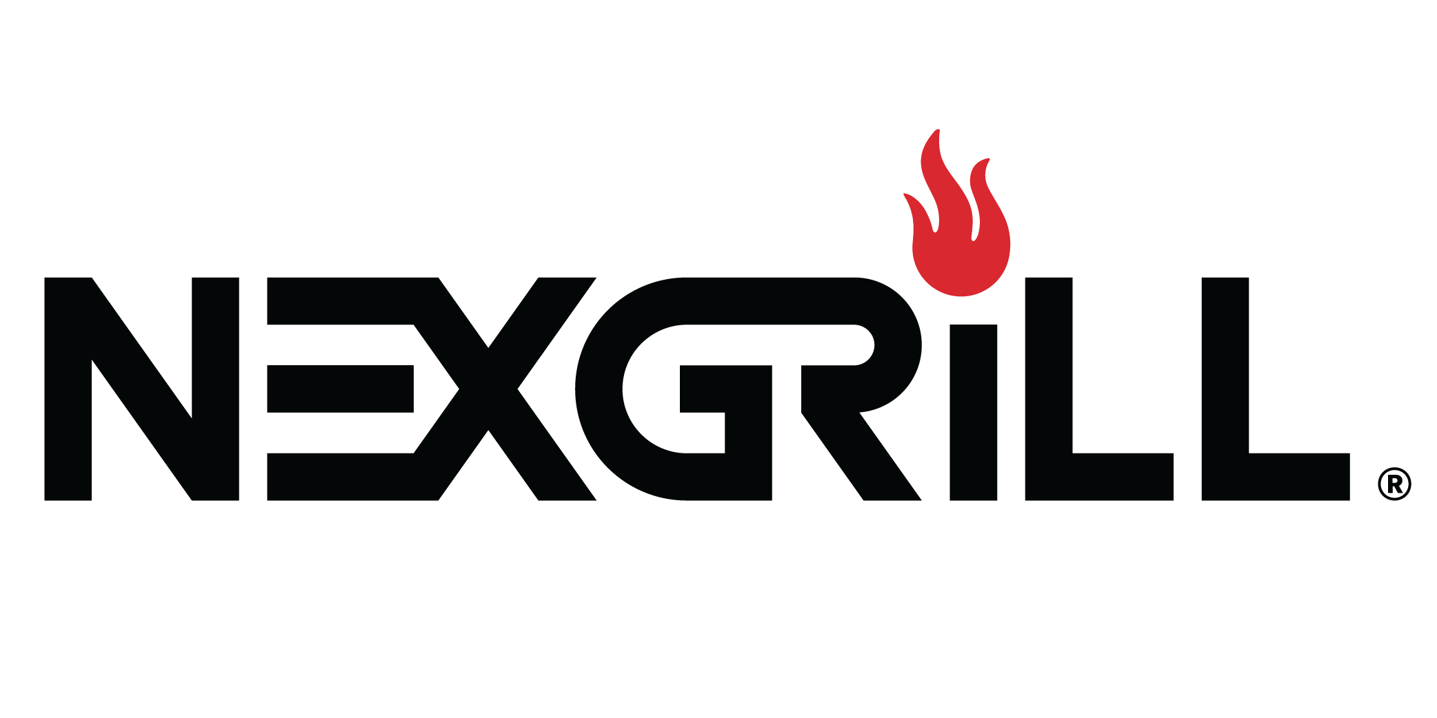 NexGrill logo with black text and a red flame on a white background