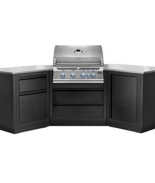 Outdoor kitchen with a grill and black cabinets on a white background