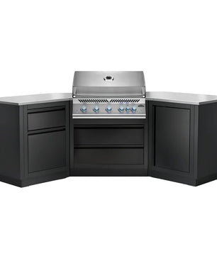 A black outdoor kitchen island set with a stainless steel gas grill built into the center, flanked by drawers on the left and a cabinet on the right, all on a white background.