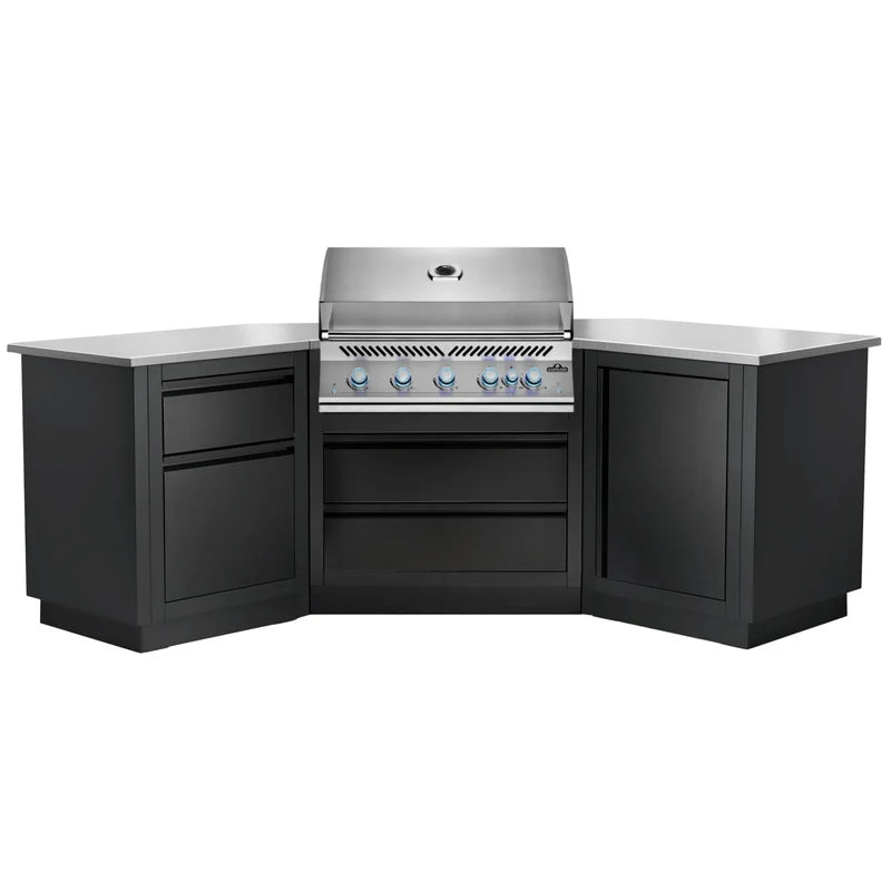 A black outdoor kitchen island set with a stainless steel gas grill built into the center, flanked by drawers on the left and a cabinet on the right, all on a white background.
