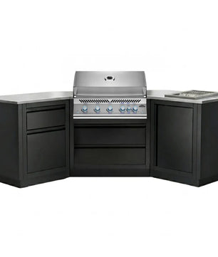A modular outdoor kitchen island set featuring black cabinets, stainless steel countertops, a built-in gas grill, and a built-in sink, shown on a solid white background.