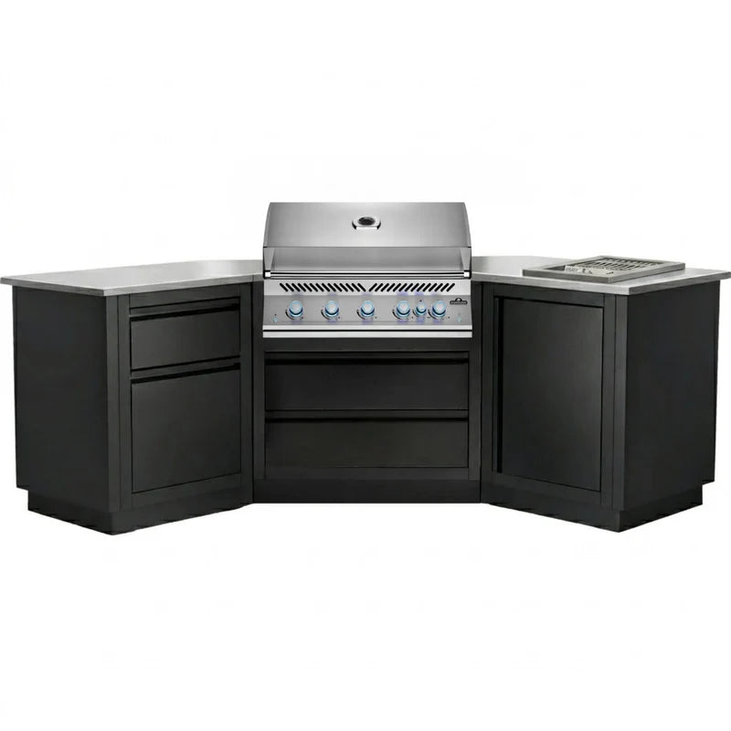 A modular outdoor kitchen island set featuring black cabinets, stainless steel countertops, a built-in gas grill, and a built-in sink, shown on a solid white background.
