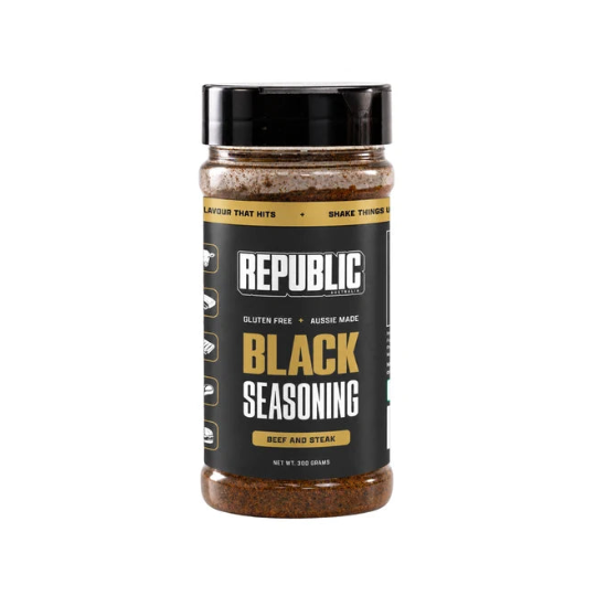 A 300g plastic jar of Republic Seasoning Black Seasoning for beef and steak, featuring a black label with gold and white text, a black lid, and visible brown seasoning inside.