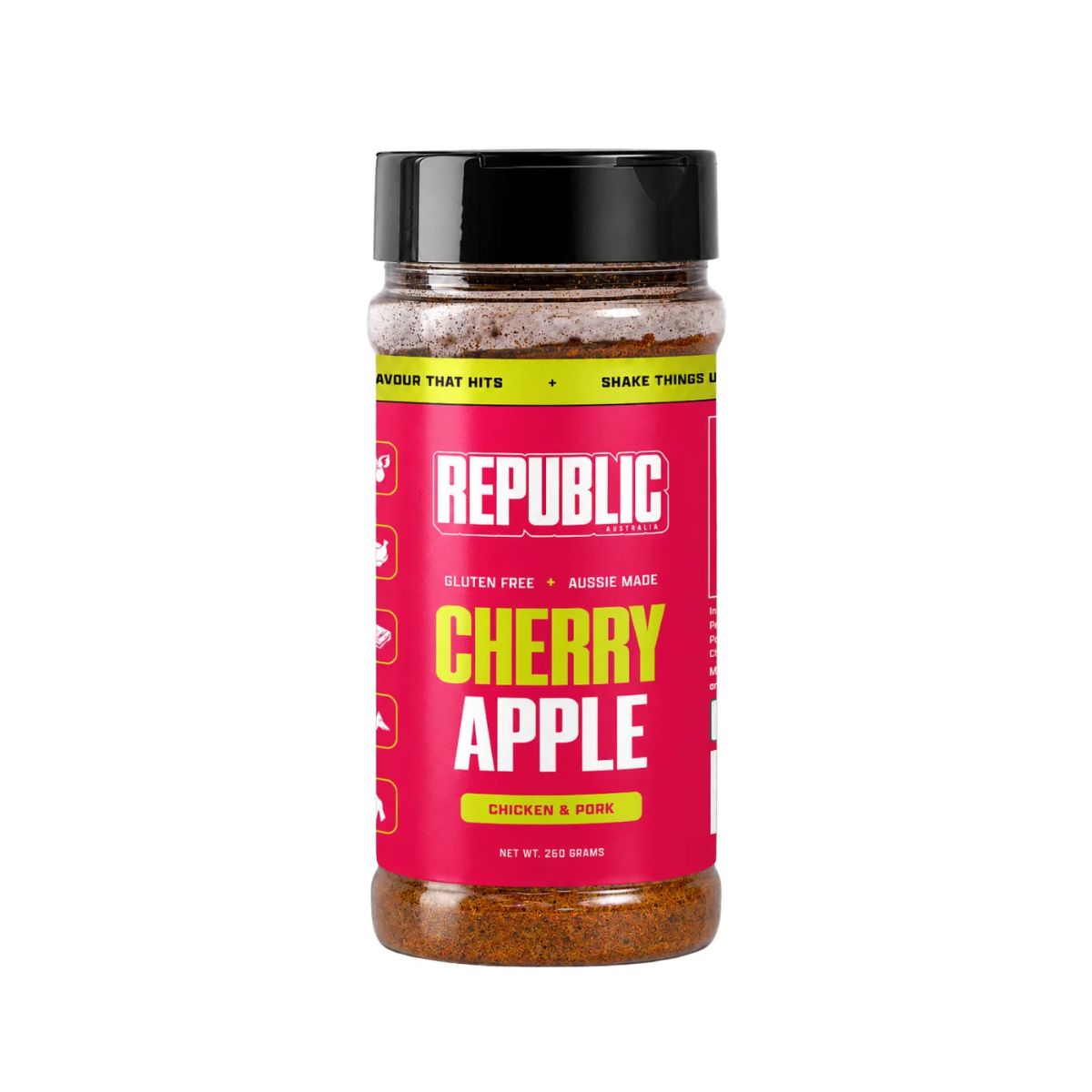A bottle of Republic Australia Cherry Apple Chicken & Pork seasoning mix, featuring a bright pink label with bold yellow and white text, a black cap, and visible brown seasoning inside a clear plastic bottle.