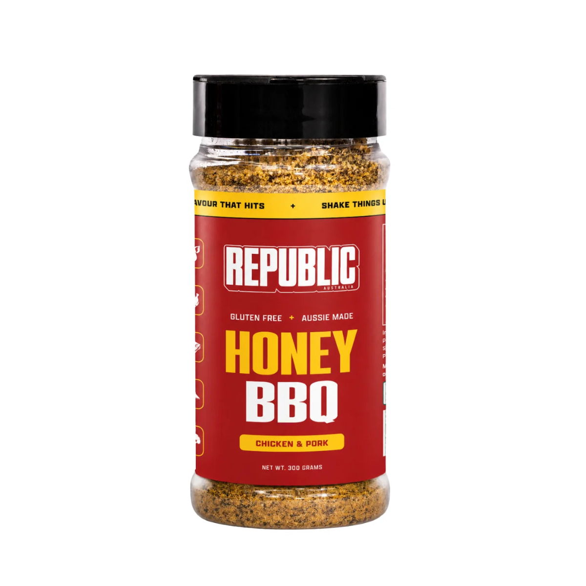 A 300g plastic shaker bottle of Republic Gourmet Honey BBQ seasoning, featuring a red label with yellow and white text, a black lid, and visible seasoning inside.