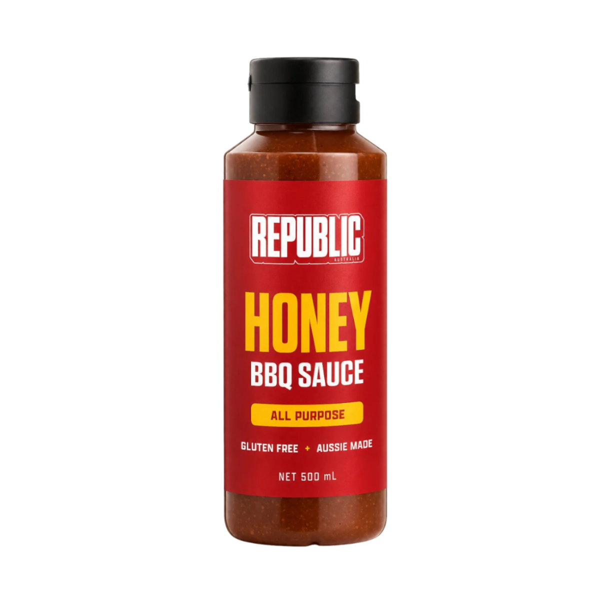 A 500 mL bottle of Republic Gourmet Honey BBQ Sauce with a red label and black cap, shown on a plain white background.