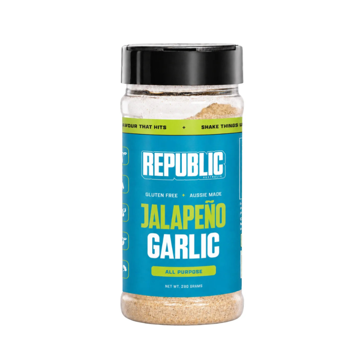 A clear plastic spice jar of Republic Seasonings Jalapeño Garlic seasoning, featuring a bright blue label with yellow and white text, a black lid, and visible seasoning inside.