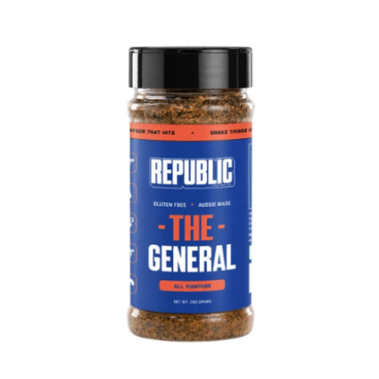 A bottle of Republic Seasoning 'The General' all purpose spice blend, featuring a blue label with white and orange text and a black lid, on a white background.