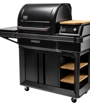 Black barbecue grill with wooden shelves on a white background