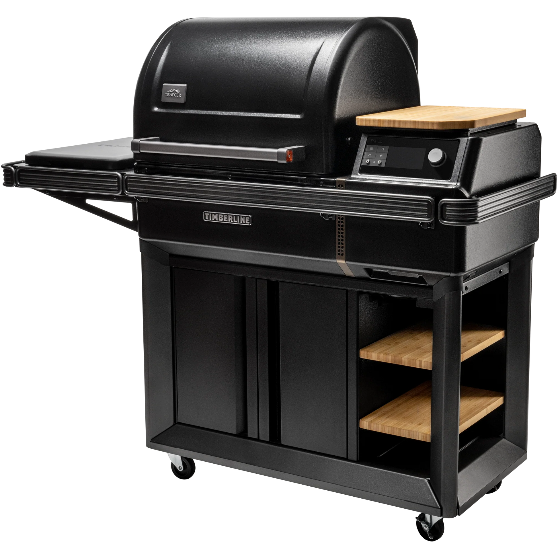 Black barbecue grill with wooden shelves on a white background