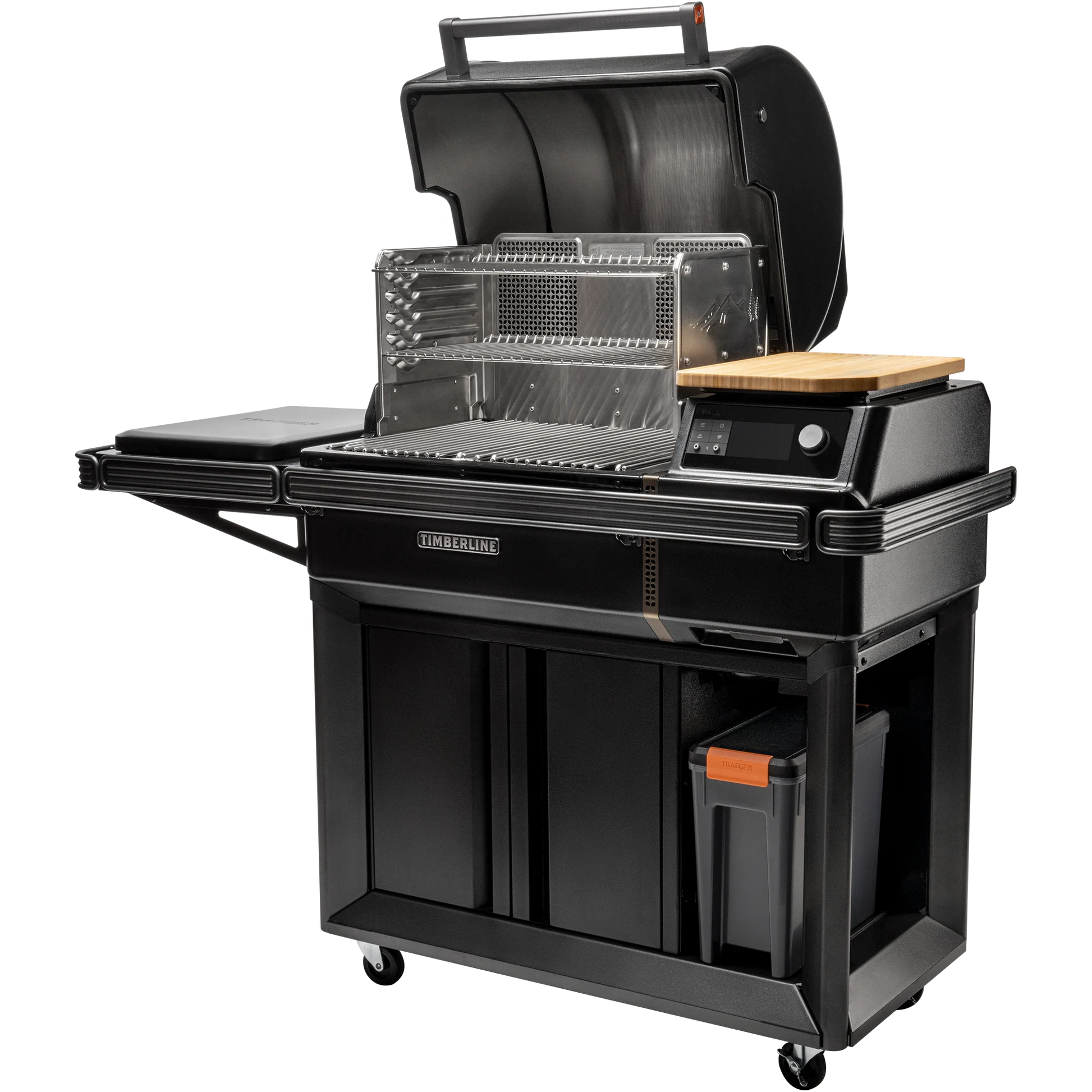 Black outdoor grill with various accessories on a white background