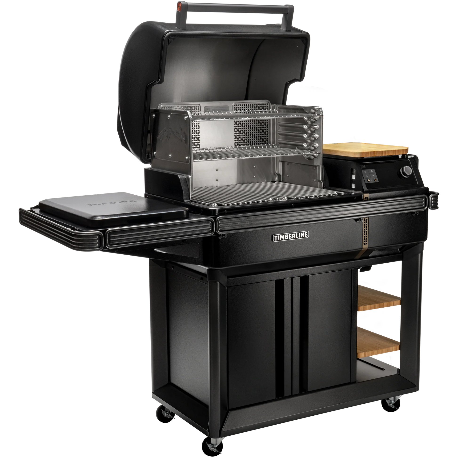 Black barbecue grill with multiple cooking surfaces on a white background