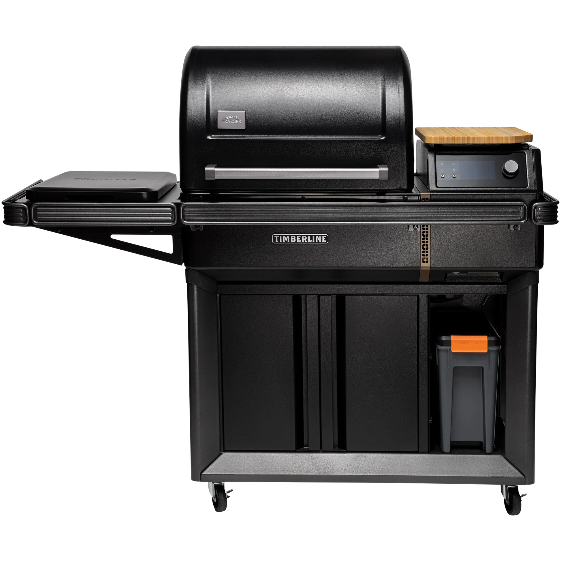 Black outdoor grill with wooden cutting board on a white background