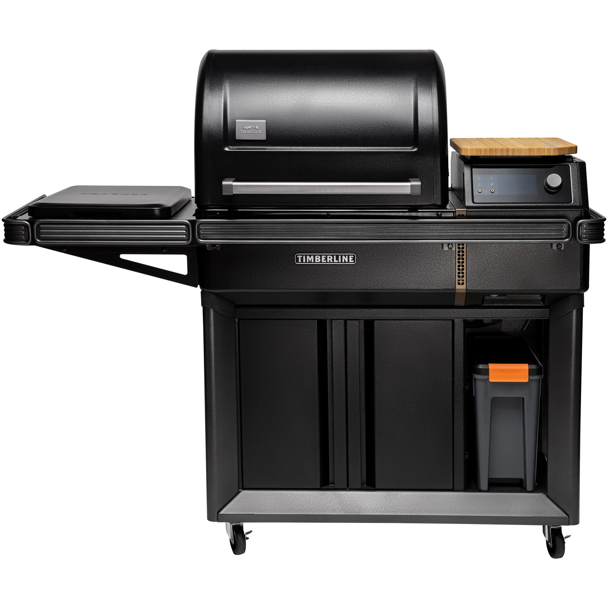 Black outdoor grill with wooden cutting board on a white background