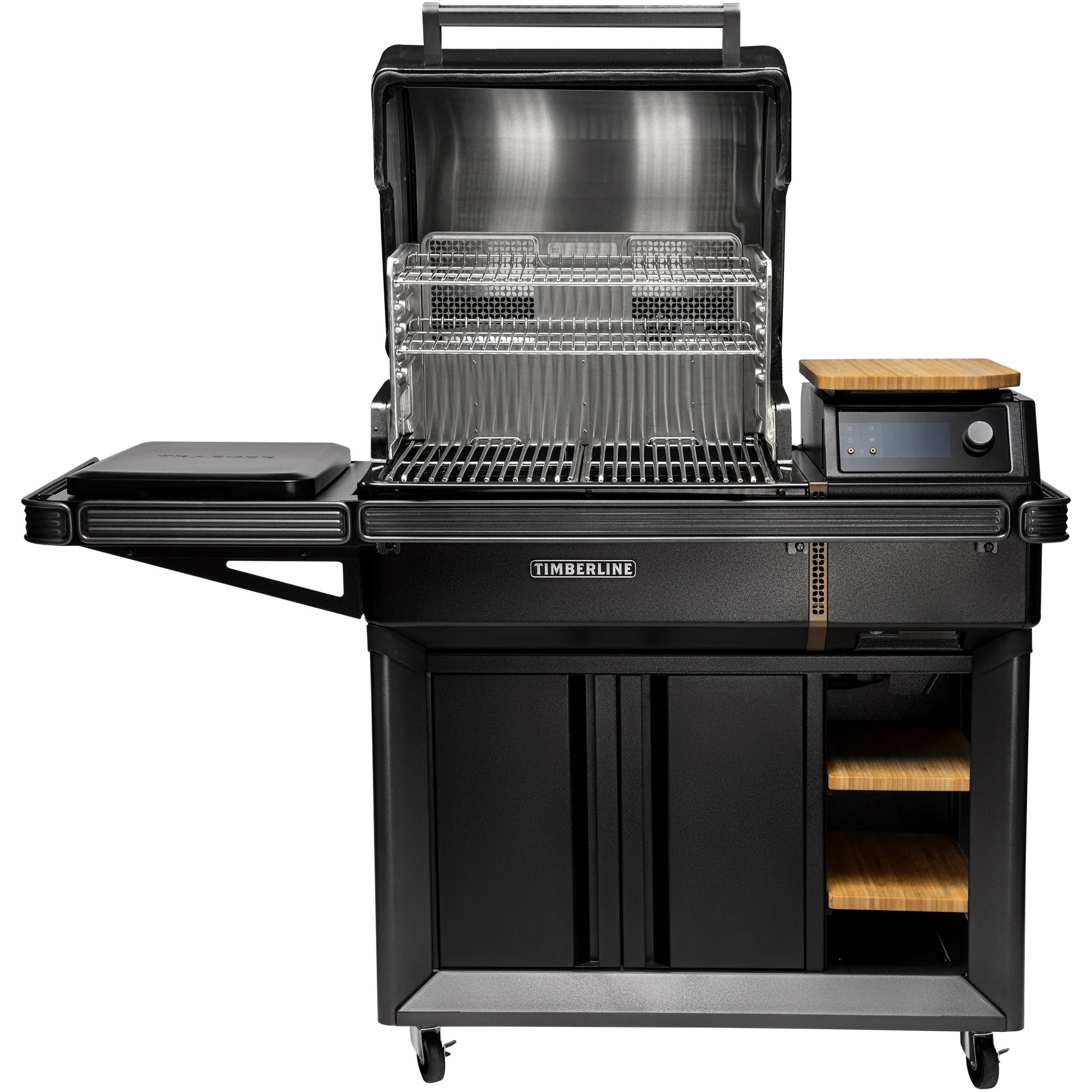 Black outdoor grill with additional shelves and a cutting board on a white background