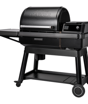 Black Traeger grill on a white background