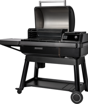Black grill with digital display on a white background