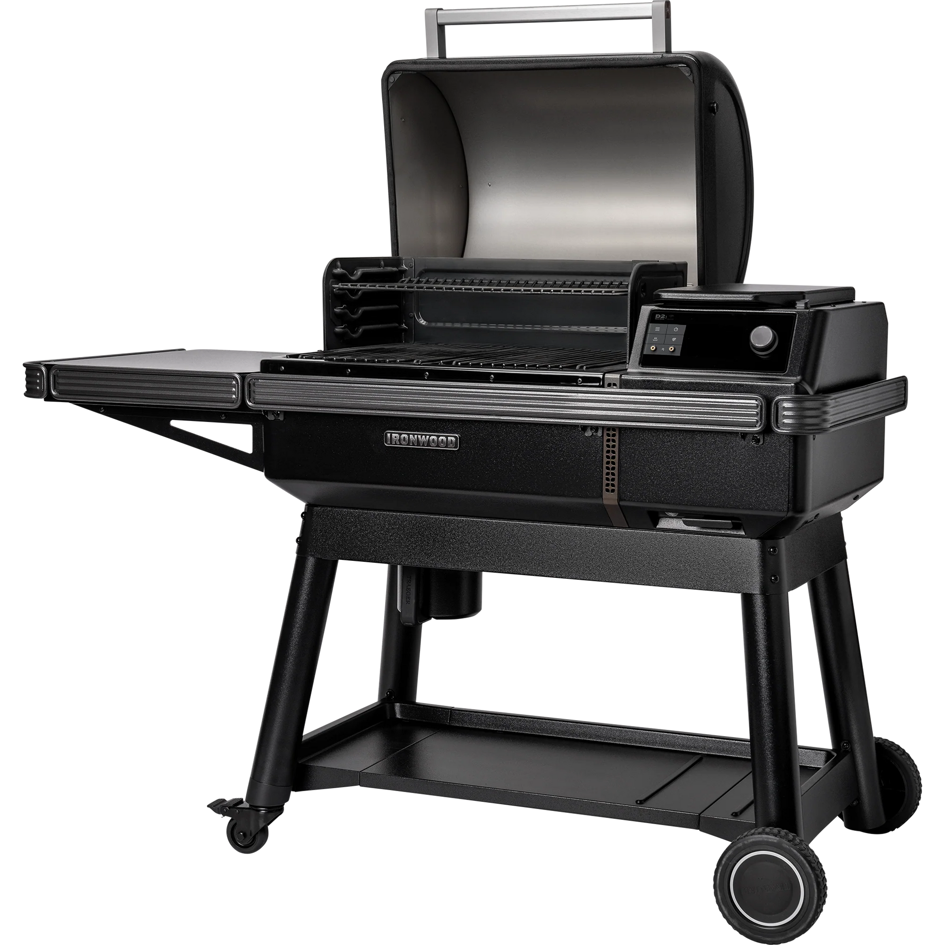 Black grill with digital display on a white background