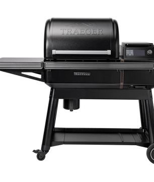 Black Traeger grill on a white background