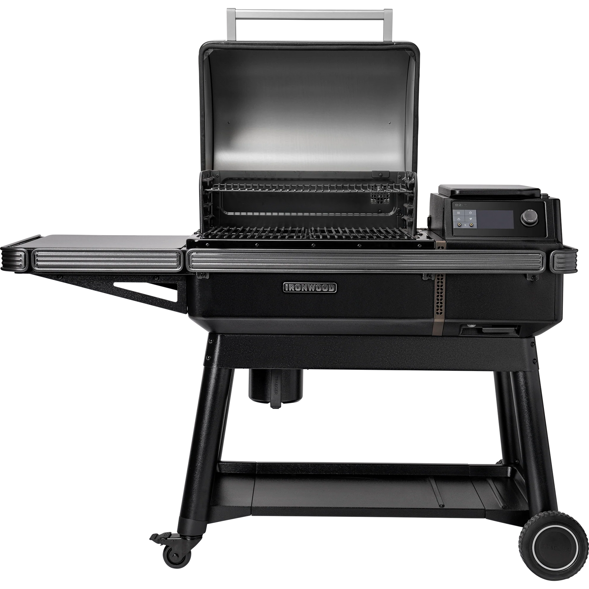 Black grill with digital display on a white background