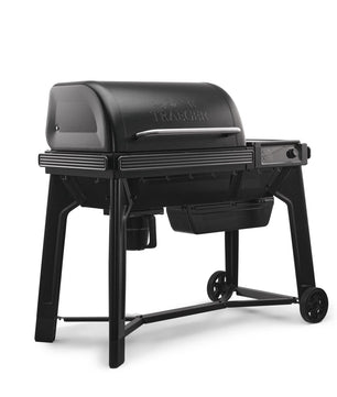 Black Traeger grill on a white background