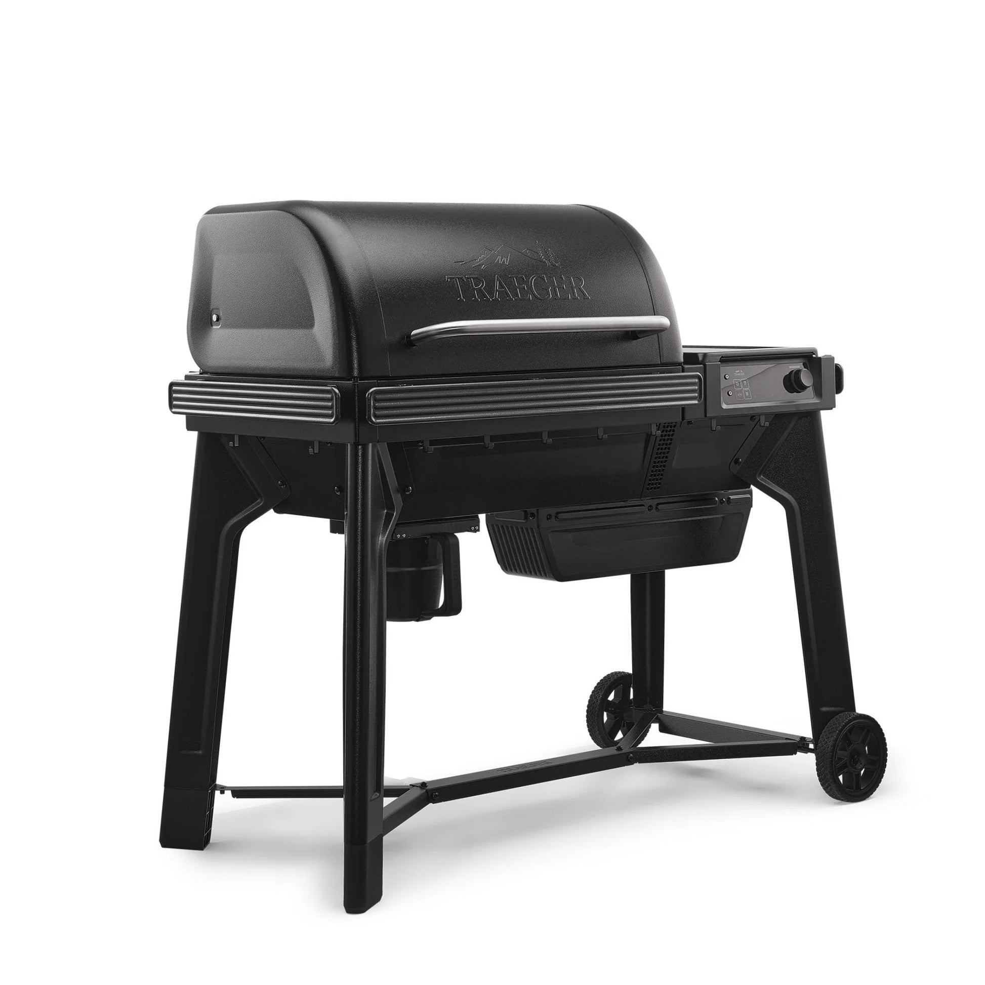 Black Traeger grill on a white background