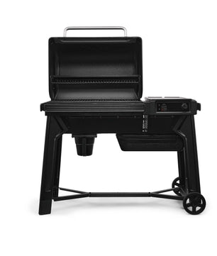 Black portable grill on a white background