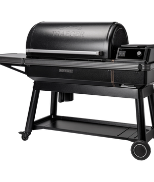 Black Traeger grill on a white background