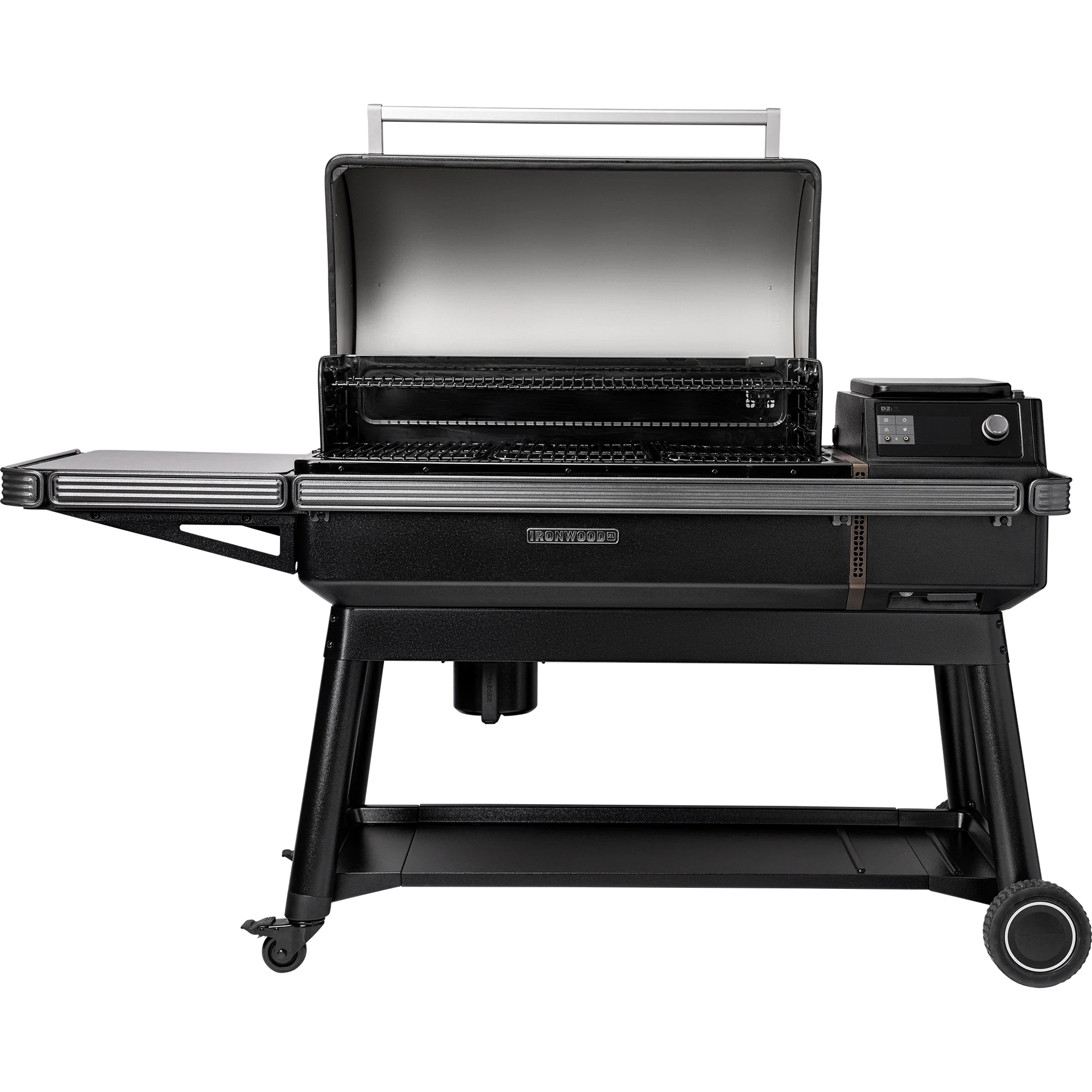 Black grill on wheels with open lid on a white background