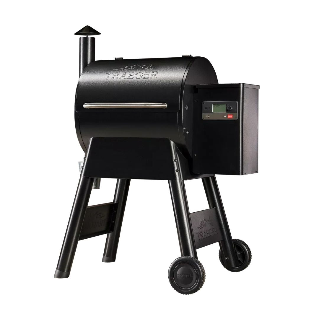 Black Traeger grill on a white background