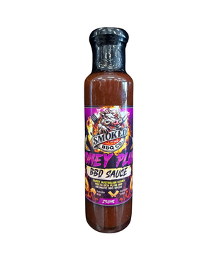 A 250ml bottle of Smoked BBQ Co Honey Plum BBQ Sauce, featuring a black cap and a colorful label with a dragon graphic, set against a plain white background.