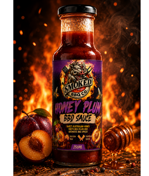 A bottle of Smoked BBQ Co Honey Plum BBQ Sauce stands on a rustic wooden surface with plums, a honey dipper, and glowing embers in the background. The bottle has a black lid and a purple label with fiery graphics.