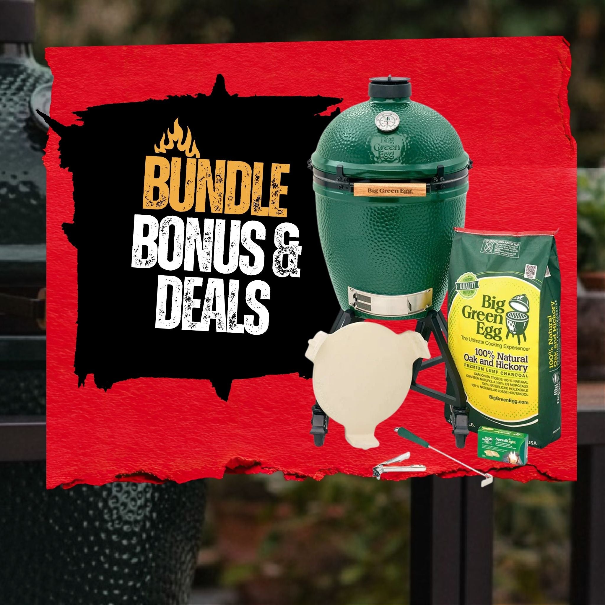 Promotional graphic for Big Green Egg with text 'Bundle, Bonus & Deals' on a red background.
