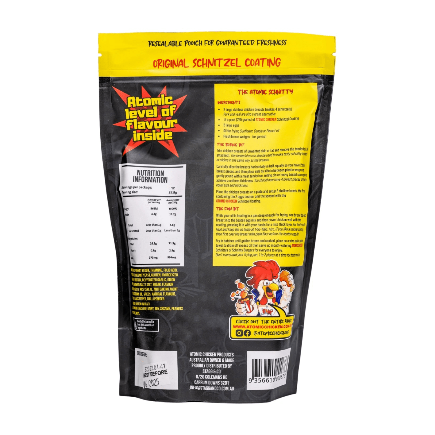 Back view of a food packaging with branding and nutritional information on a white background