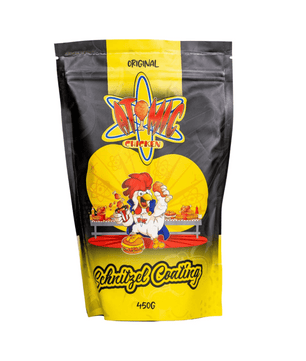 Packaging of Atomic Chicken Schnitzel Coating with cartoon chicken character on a white background