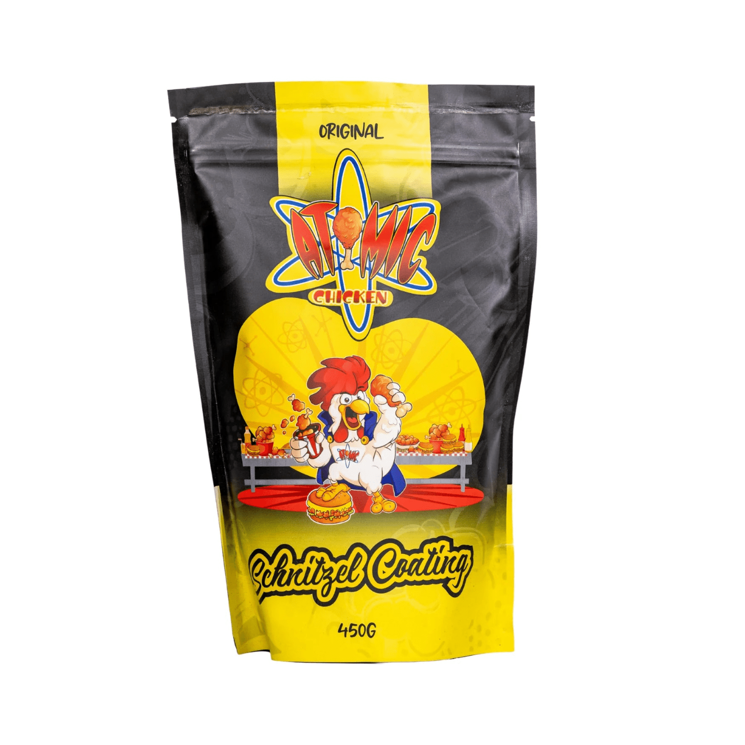 Packaging of Atomic Chicken Schnitzel Coating with cartoon chicken character on a white background