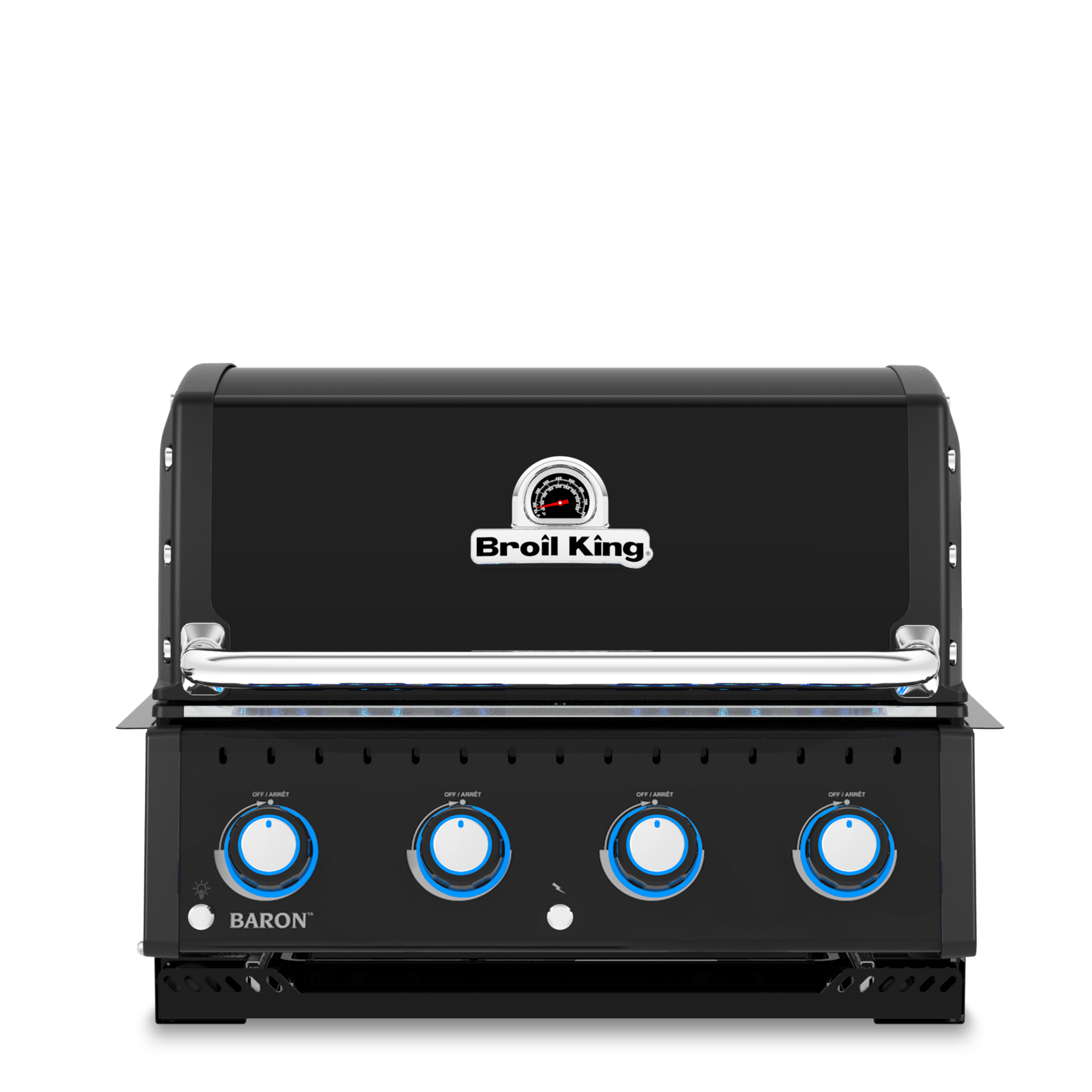 A black outdoor gas grill with a stainless steel control panel, featuring four blue-detailed knobs and the 'Grill King' logo on the front.