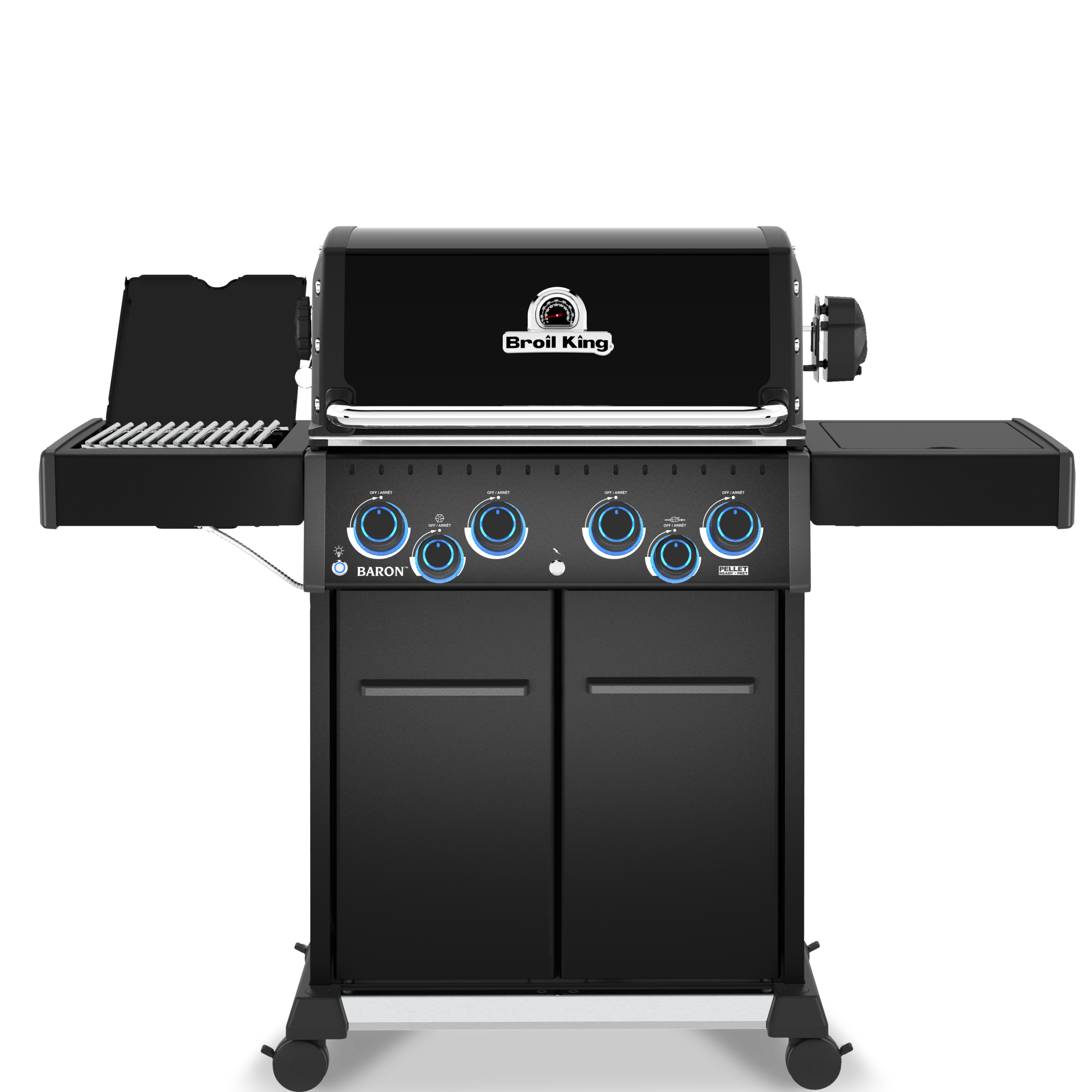 Black barbecue grill with visible brand logo on a white background